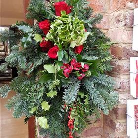 fwthumbchristmas door swag vertical with spruce ivy hydrangeas roses and red alstro.jpg
